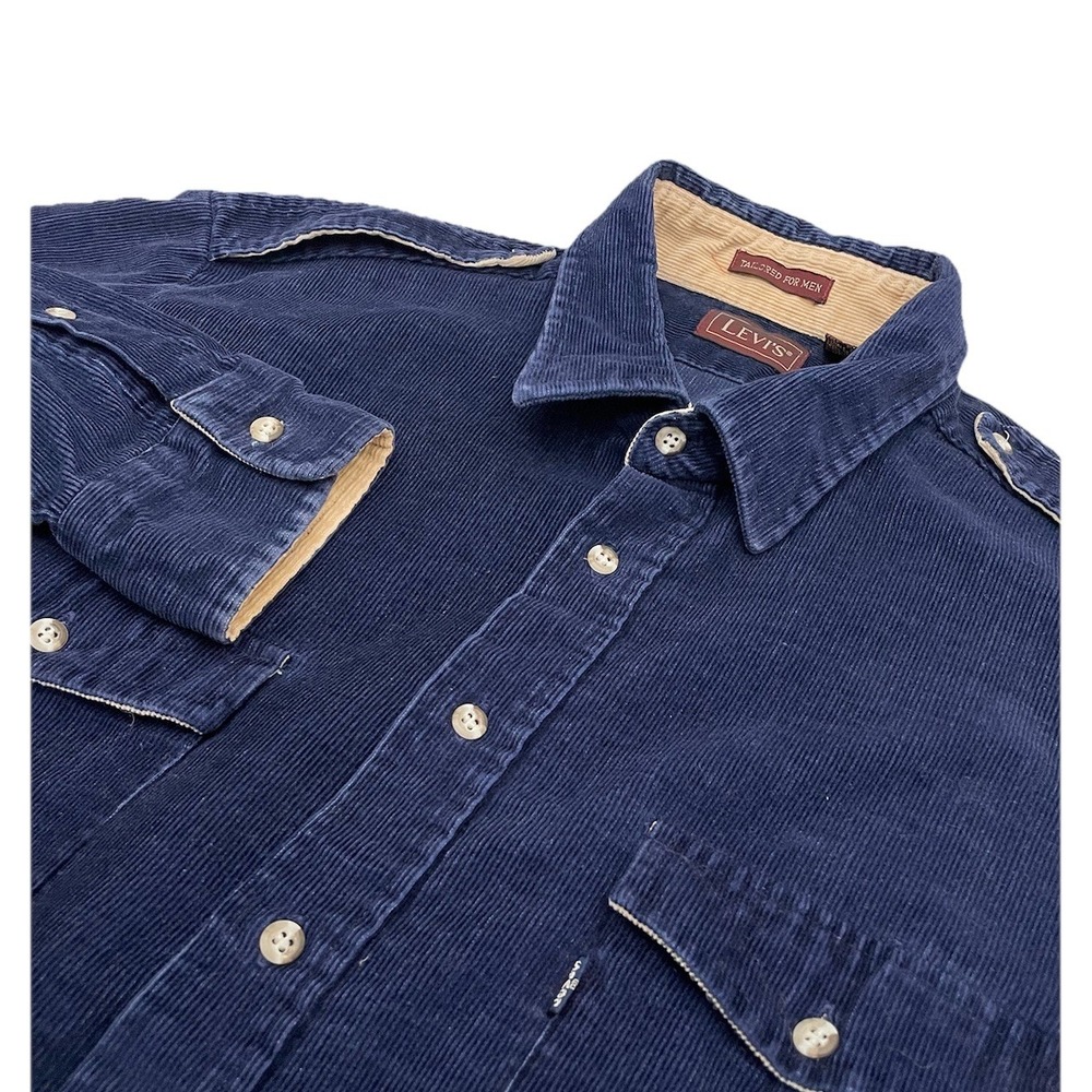 Vintage Levis Corduroy Button Up Shirt Men's XL Navy Blue Flap Pockets 80s-90s